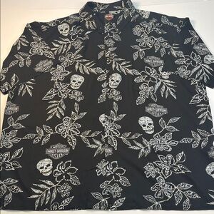 Harley-Davidson Black and White Skull Floral Men's Shirt Sz 2XL